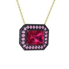 Rodolit garnet ve pembe kuvars 925 ayar siyah rodyum kaplama gümüş kolye (40 cm altın rolo zincir)