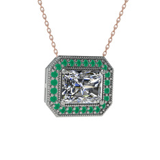 Esinti Dikdörtgen Kolye - Swarovski ve kök zümrüt 18 ayar beyaz altın kolye (40 cm rose altın rolo zincir) #17ap5aq