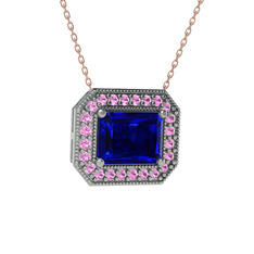 Esinti Dikdörtgen Kolye - Lab safir ve pembe kuvars 8 ayar beyaz altın kolye (40 cm rose altın rolo zincir) #17emyxq