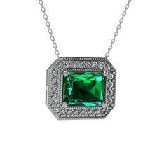 Esinti Dikdörtgen Kolye - Yeşil kuvars ve pırlanta 14 ayar beyaz altın kolye (0.253 karat, 40 cm beyaz altın rolo zincir) #17lx0cz
