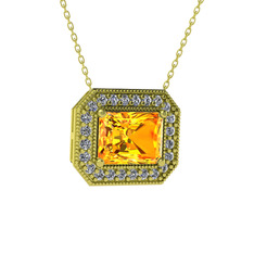 Esinti Dikdörtgen Kolye - Sitrin ve pırlanta 925 ayar altın kaplama gümüş kolye (0.253 karat, 40 cm gümüş rolo zincir) #17xi3ja