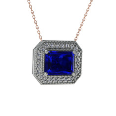 Esinti Dikdörtgen Kolye - Lab safir ve swarovski 8 ayar beyaz altın kolye (40 cm rose altın rolo zincir) #1859so4