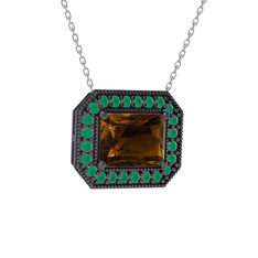 Esinti Dikdörtgen Kolye - Dumanlı kuvars ve kök zümrüt 925 ayar siyah rodyum kaplama gümüş kolye (40 cm gümüş rolo zincir) #18a10y