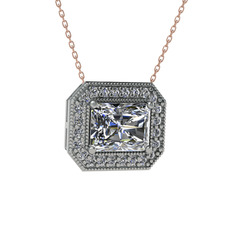 Esinti Dikdörtgen Kolye - Swarovski ve pırlanta 8 ayar beyaz altın kolye (0.253 karat, 40 cm rose altın rolo zincir) #18jadj4