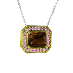 Esinti Dikdörtgen Kolye - Dumanlı kuvars ve pembe kuvars 8 ayar altın kolye (40 cm gümüş rolo zincir) #18qci58