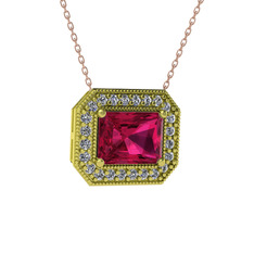 Esinti Dikdörtgen Kolye - Rodolit garnet ve swarovski 8 ayar altın kolye (40 cm rose altın rolo zincir) #18vvpas