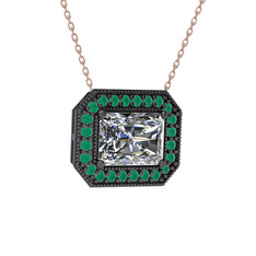 Beyaz zirkon ve kök zümrüt 925 ayar siyah rodyum kaplama gümüş kolye (40 cm rose altın rolo zincir)