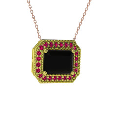 Esinti Dikdörtgen Kolye - Siyah zirkon ve rodolit garnet 18 ayar altın kolye (40 cm rose altın rolo zincir) #192mr5b