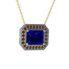 Lab safir ve dumanlı kuvars 14 ayar beyaz altın kolye (40 cm gümüş rolo zincir)