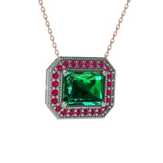 Yeşil kuvars ve rodolit garnet 8 ayar beyaz altın kolye (40 cm rose altın rolo zincir)