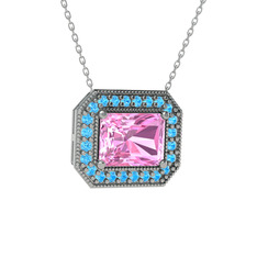 Esinti Dikdörtgen Kolye - Pembe kuvars ve akuamarin 14 ayar beyaz altın kolye (40 cm beyaz altın rolo zincir) #1a371ig