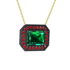 Esinti Dikdörtgen Kolye - Yeşil kuvars ve garnet 925 ayar siyah rodyum kaplama gümüş kolye (40 cm altın rolo zincir) #1a604yz