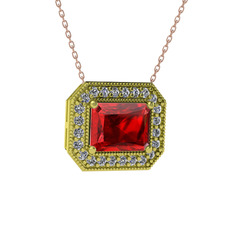 Esinti Dikdörtgen Kolye - Garnet ve pırlanta 8 ayar altın kolye (0.253 karat, 40 cm rose altın rolo zincir) #1a65arn