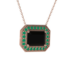 Esinti Dikdörtgen Kolye - Siyah zirkon ve kök zümrüt 8 ayar rose altın kolye (40 cm rose altın rolo zincir) #1agpg7x