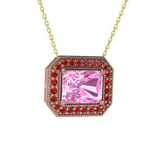Esinti Dikdörtgen Kolye - Pembe kuvars ve garnet 14 ayar rose altın kolye (40 cm altın rolo zincir) #1aifkru