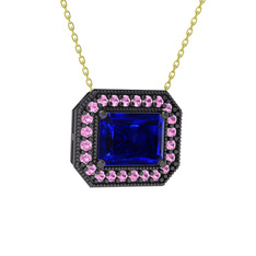 Lab safir ve pembe kuvars 925 ayar siyah rodyum kaplama gümüş kolye (40 cm altın rolo zincir)