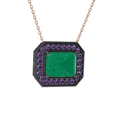 Esinti Dikdörtgen Kolye - Kök zümrüt ve ametist 925 ayar siyah rodyum kaplama gümüş kolye (40 cm rose altın rolo zincir) #1aptjdt