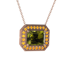 Esinti Dikdörtgen Kolye - Peridot ve sitrin 14 ayar rose altın kolye (40 cm rose altın rolo zincir) #1b1frz3