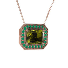 Peridot ve kök zümrüt 14 ayar rose altın kolye (40 cm rose altın rolo zincir)