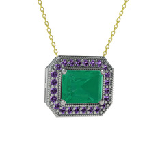 Esinti Dikdörtgen Kolye - Kök zümrüt ve ametist 18 ayar beyaz altın kolye (40 cm gümüş rolo zincir) #1b48j7q