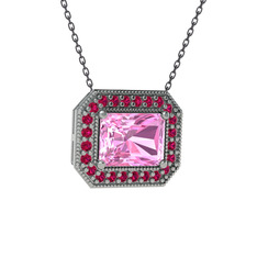 Esinti Dikdörtgen Kolye - Pembe kuvars ve rodolit garnet 8 ayar beyaz altın kolye (40 cm gümüş rolo zincir) #1bgqoiw