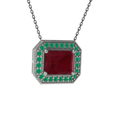 Kök yakut ve kök zümrüt 8 ayar beyaz altın kolye (40 cm gümüş rolo zincir)