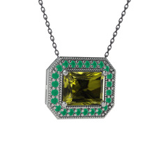 Peridot ve kök zümrüt 8 ayar beyaz altın kolye (40 cm gümüş rolo zincir)