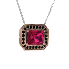 Esinti Dikdörtgen Kolye - Rodolit garnet ve siyah zirkon 14 ayar rose altın kolye (40 cm beyaz altın rolo zincir) #1bphlps