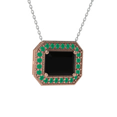 Esinti Dikdörtgen Kolye - Siyah zirkon ve kök zümrüt 14 ayar rose altın kolye (40 cm beyaz altın rolo zincir) #1bttbwt