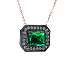 Esinti Dikdörtgen Kolye - Yeşil kuvars ve pırlanta 925 ayar siyah rodyum kaplama gümüş kolye (0.253 karat, 40 cm rose altın rolo zincir) #1bwdr2b