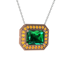 Esinti Dikdörtgen Kolye - Yeşil kuvars ve sitrin 8 ayar rose altın kolye (40 cm beyaz altın rolo zincir) #1byeas8