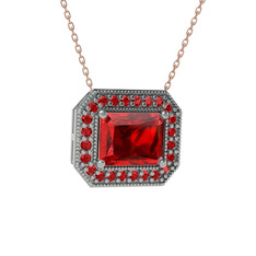 Esinti Dikdörtgen Kolye - Garnet 8 ayar beyaz altın kolye (40 cm rose altın rolo zincir) #1c48dol