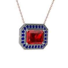 Esinti Dikdörtgen Kolye - Garnet ve lab safir 8 ayar beyaz altın kolye (40 cm rose altın rolo zincir) #1caonhr