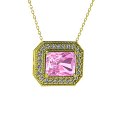 Esinti Dikdörtgen Kolye - Pembe kuvars ve swarovski 14 ayar altın kolye (40 cm altın rolo zincir) #1ccbnby