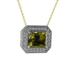 Esinti Dikdörtgen Kolye - Peridot ve pırlanta 8 ayar beyaz altın kolye (0.253 karat, 40 cm gümüş rolo zincir) #1cq48w7