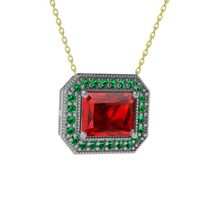 Esinti Dikdörtgen Kolye - Garnet ve yeşil kuvars 8 ayar beyaz altın kolye (40 cm altın rolo zincir) #1d629f