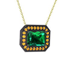 Esinti Dikdörtgen Kolye - Yeşil kuvars ve sitrin 925 ayar siyah rodyum kaplama gümüş kolye (40 cm altın rolo zincir) #1d8zc27