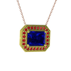 Esinti Dikdörtgen Kolye - Lab safir ve garnet 14 ayar altın kolye (40 cm rose altın rolo zincir) #1dksbin