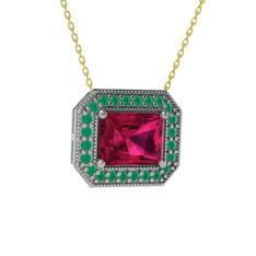 Esinti Dikdörtgen Kolye - Rodolit garnet ve kök zümrüt 925 ayar gümüş kolye (40 cm gümüş rolo zincir) #1dndc0j
