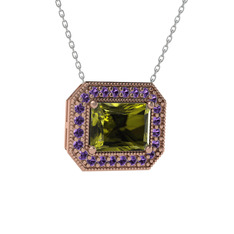 Peridot ve ametist 14 ayar rose altın kolye (40 cm beyaz altın rolo zincir)