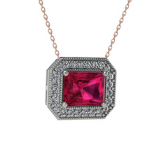 Esinti Dikdörtgen Kolye - Rodolit garnet ve pırlanta 14 ayar beyaz altın kolye (0.253 karat, 40 cm rose altın rolo zincir) #1ezwmi8