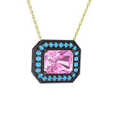 Esinti Dikdörtgen Kolye - Pembe kuvars ve akuamarin 925 ayar siyah rodyum kaplama gümüş kolye (40 cm gümüş rolo zincir) #1f3u13o