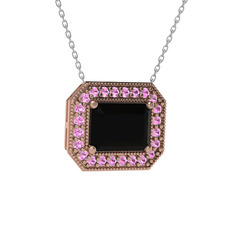 Siyah zirkon ve pembe kuvars 18 ayar rose altın kolye (40 cm gümüş rolo zincir)
