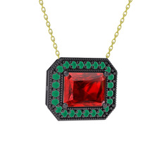 Esinti Dikdörtgen Kolye - Garnet ve kök zümrüt 925 ayar siyah rodyum kaplama gümüş kolye (40 cm altın rolo zincir) #1f9x4v9