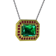 Esinti Dikdörtgen Kolye - Yeşil kuvars ve kök yakut 14 ayar altın kolye (40 cm gümüş rolo zincir) #1feae80