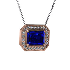 Lab safir ve swarovski 14 ayar rose altın kolye (40 cm gümüş rolo zincir)