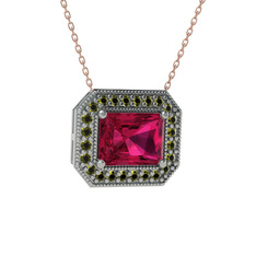 Esinti Dikdörtgen Kolye - Rodolit garnet ve peridot 14 ayar beyaz altın kolye (40 cm rose altın rolo zincir) #1fi7u3g