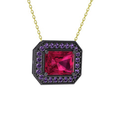 Rodolit garnet ve ametist 925 ayar siyah rodyum kaplama gümüş kolye (40 cm altın rolo zincir)