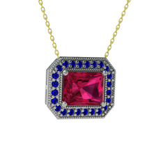 Rodolit garnet ve lab safir 18 ayar beyaz altın kolye (40 cm altın rolo zincir)