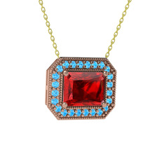 Esinti Dikdörtgen Kolye - Garnet ve akuamarin 18 ayar rose altın kolye (40 cm altın rolo zincir) #1frbepz